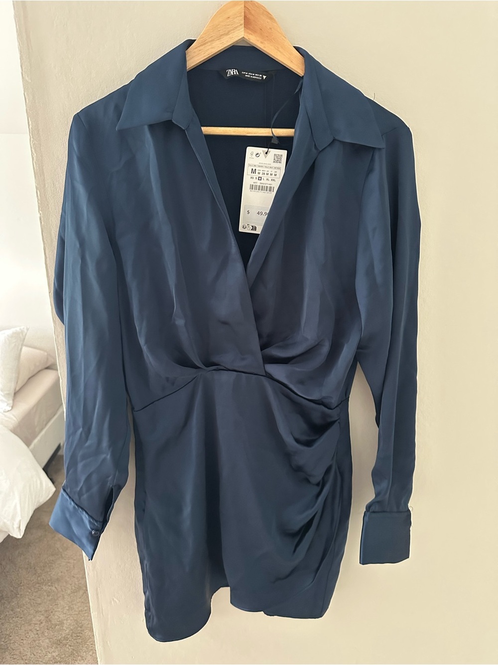 Zara Deep Navy Satin Draped Wrap Shirt